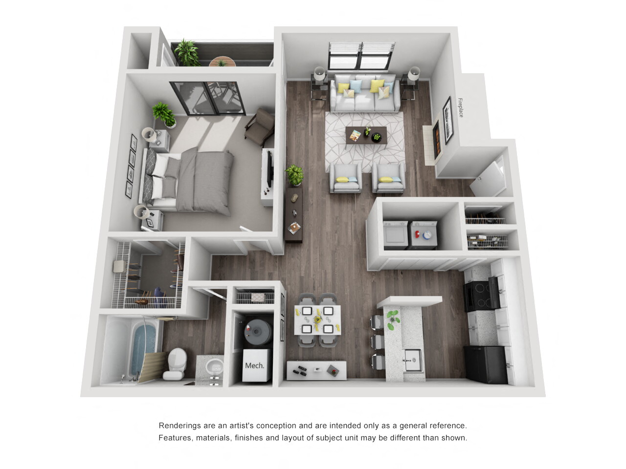 Floor plan for 1 bed, 1 bath, 840 sqft